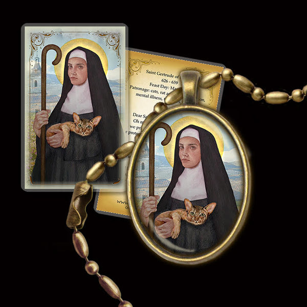 St. Gertrude of Nivelles Pendant & Holy Card Gift Set - Portraits