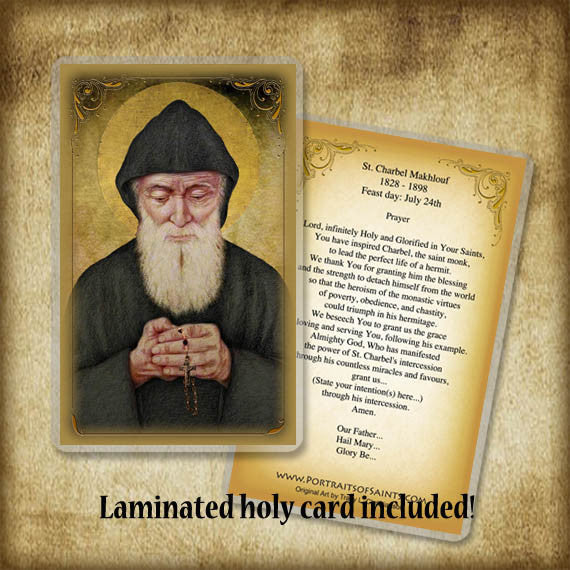St. Charbel Makhlouf Plaque & Holy Card Gift Set - Portraits of Saints