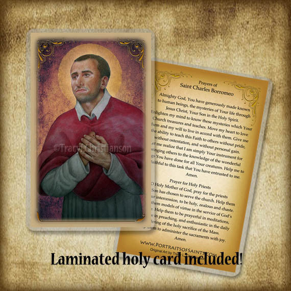 St. Charles Borromeo Plaque & Holy Card Gift Set - Portraits of Saints