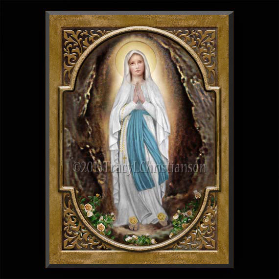 Our Lady of Lourdes Plaque & Holy Card Gift Set - Portraits of Saints