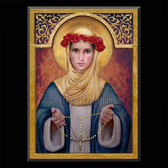 Our Lady of the Rosary Plaque & Holy Card Gift Set - Portraits of Saints