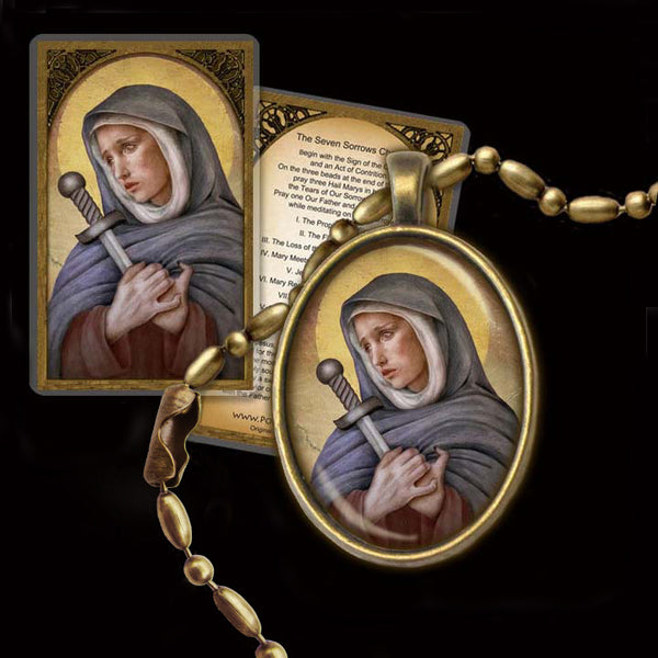 Our Lady of Sorrows Pendant & Holy Card Gift Set - Portraits of Saints