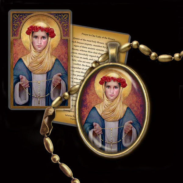 Our Lady of the Rosary Pendant & Holy Card Gift Set - Portraits of Saints