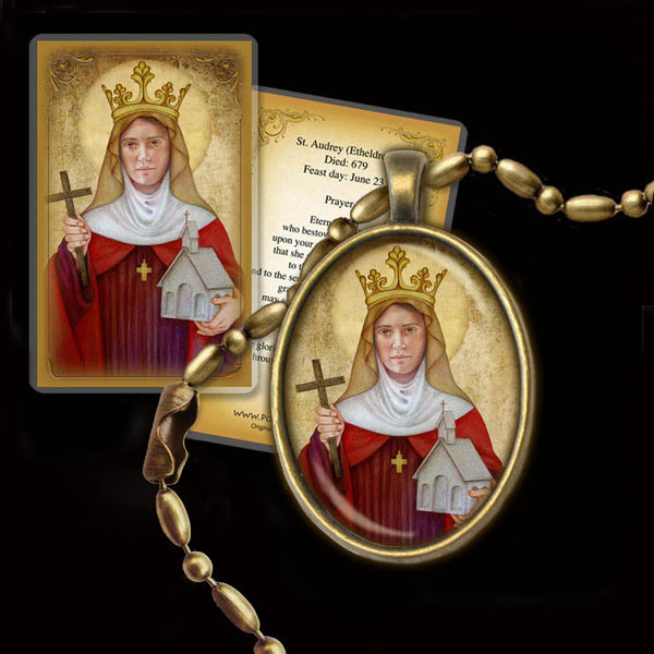 St. Audrey (Etheldreda) Pendant & Holy Card Gift Set - Portraits of Saints