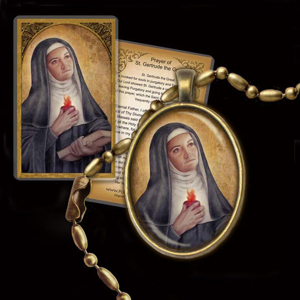 St. Gertrude the Great Pendant & Holy Card Gift Set - Portraits of Saints