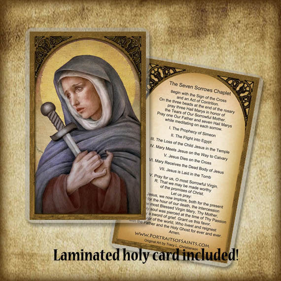 Our Lady of Sorrows Pendant & Holy Card Gift Set - Portraits of Saints