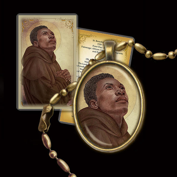 St. Benedict the Moor Pendant & Holy Card Gift Set - Portraits of Saints
